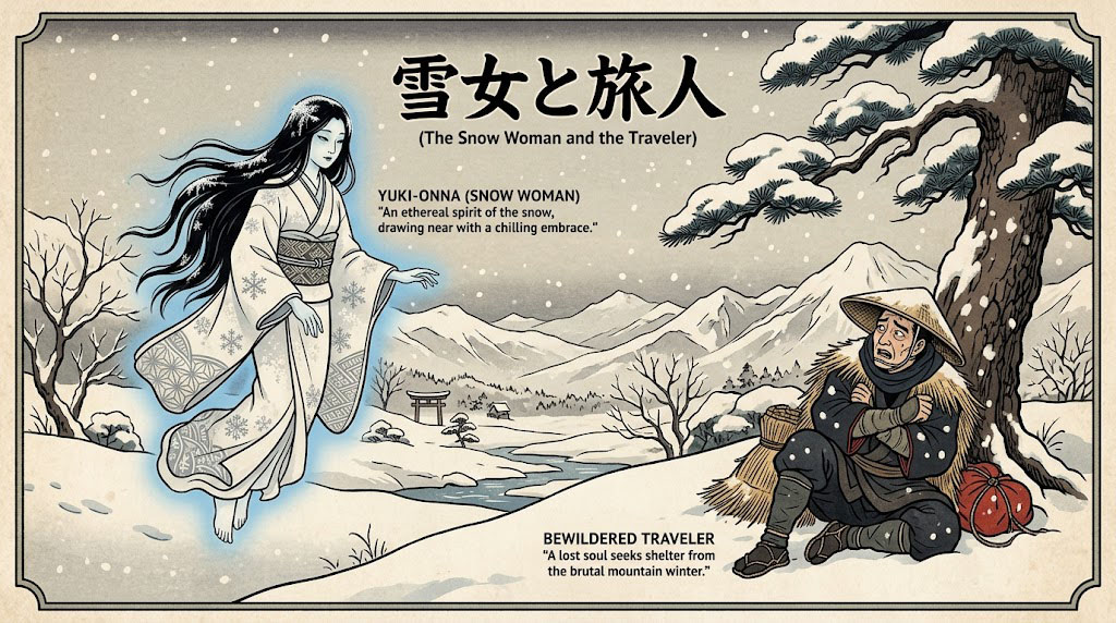 Ukiyo-e print of Yuki-Onna with dark hair and white kimono approaching a traveler in a desolate winter landscape.