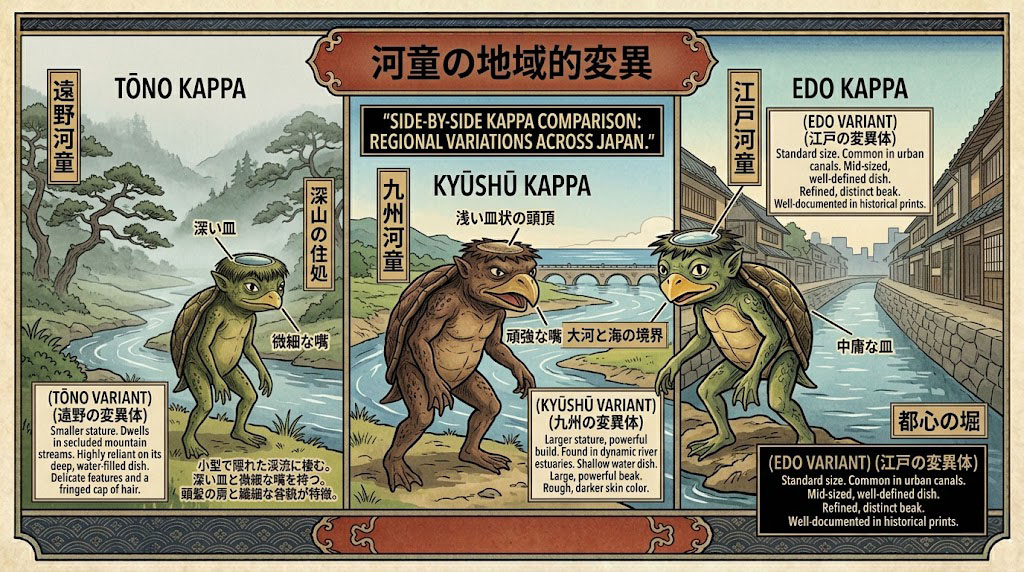 Comparison of 3 regional Kappa variants from Tono, Kyushu, and Edo, with Japanese and English labels highlighting their distinct features.