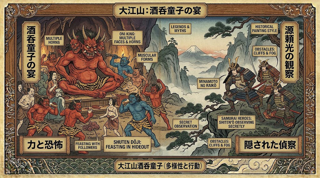 Shuten Doji legend painting: the oni king feasting in a mountain hideout, observed by Minamoto no Raiko and his retainers.