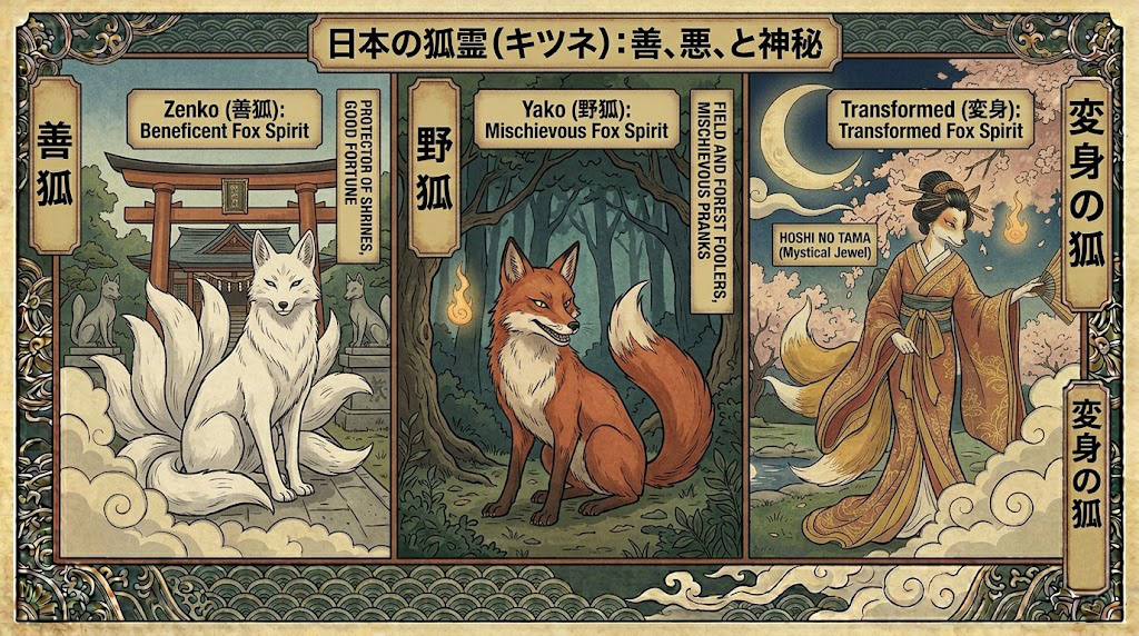 Ukiyo-e style comparison of Japanese Kitsune spirits: a white Zenko at a shrine, a mischievous red Yako in the forest, and a transformed female kitsune holding a Hoshi no Tama.