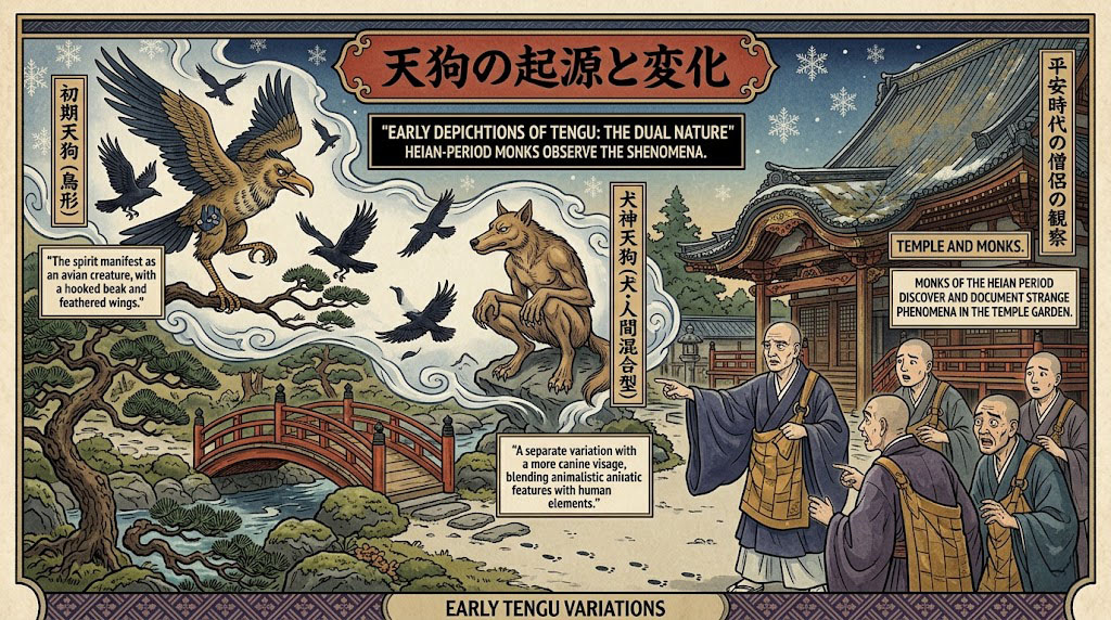 Ukiyo-e print of early Tengu depictions with avian and human features, observed by monks in a Heian-period temple garden.