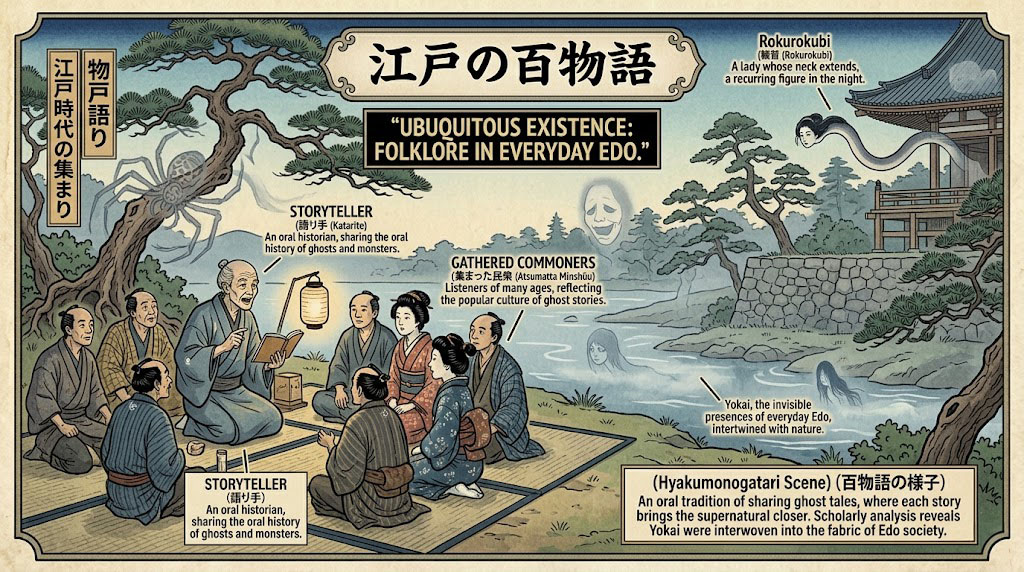 Ukiyo-e print of an Edo storyteller with a crowd, while shadowy yokai figures are faintly visible in the background, evoking everyday folklore.