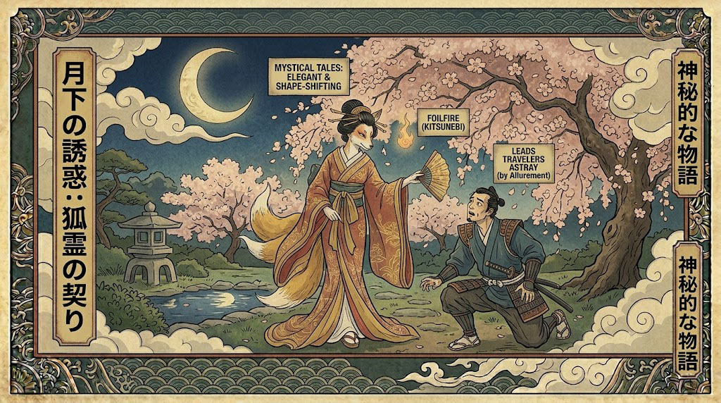 Ukiyo-e style illustration of a transformed kitsune woman alluring a samurai in a moonlit garden.