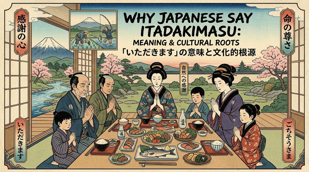A Japanese family bowing before eating, saying itadakimasu.
