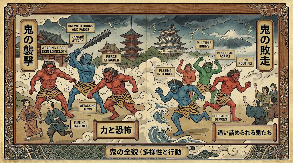 Ukiyo-e print of oni demons in tiger-skin loincloths, attacking and fleeing amid a storm and ancient Japanese architecture.