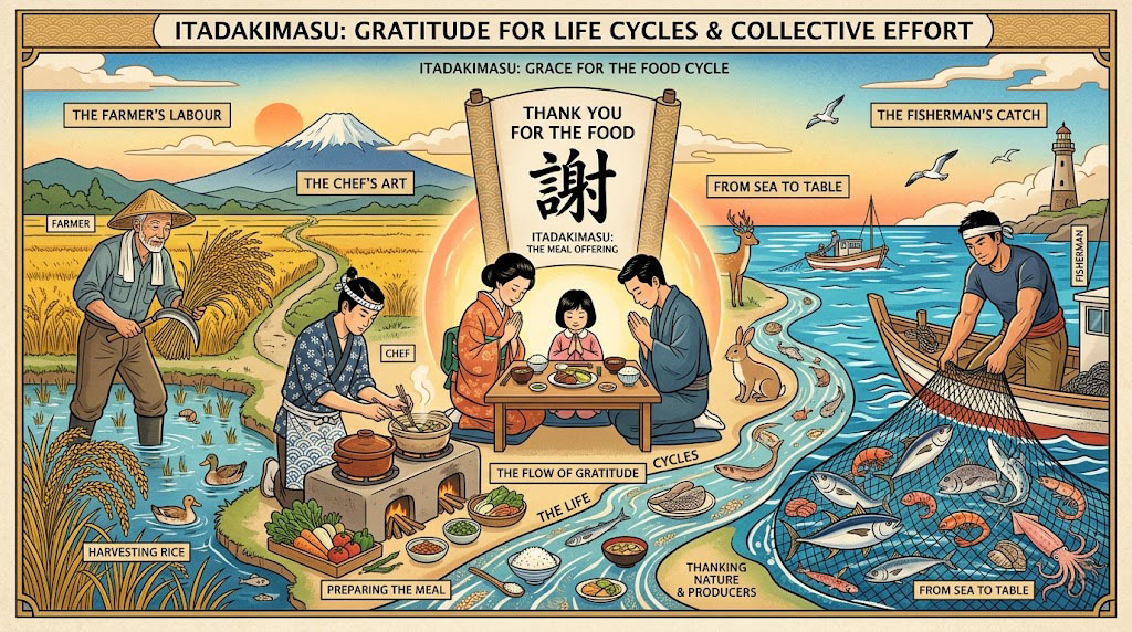 Illustration of a farmer, fisherman, and chef, symbolizing gratitude for all life in itadakimasu.