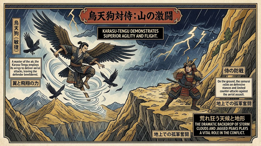 Karasu-Tengu fighting a samurai with swords on a mountain path, demonstrating agility and flight against storm clouds.