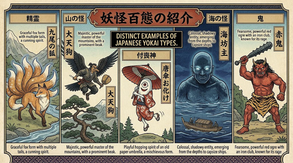 Composite illustration comparing Kitsune, Tengu, Karakasa-obake, Umi-bozu, and Oni, with Japanese labels for each yokai.