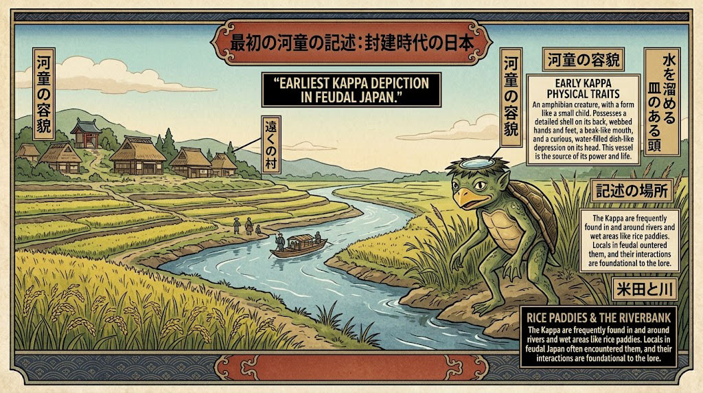 Ukiyo-e print of an early Kappa in a feudal Japanese landscape with rice paddies, a river, and a distant village.