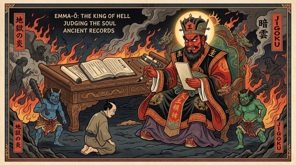 Ancient scroll depiction of Emma-O judging a soul, traditional style.