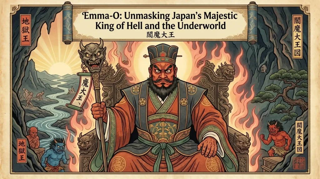 Majestic Emma-O King of Hell on his throne, traditional Japanese art.