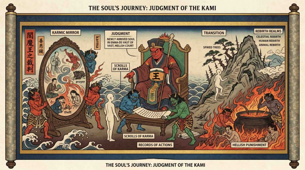 Artistic rendering comparing different paths to rebirth in Japanese spiritual beliefs