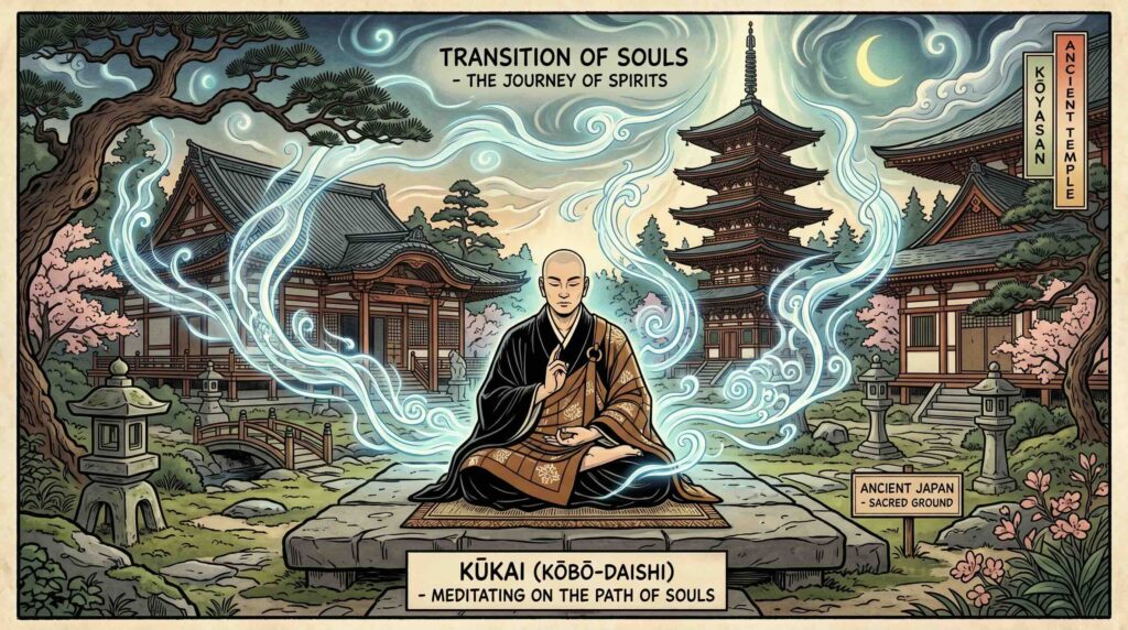 Ancient Japanese scroll illustration showing Enma-Ō judging a soul for reincarnation