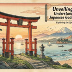 A serene Shinto shrine gate (torii) at dawn, symbolizing Japanese kami