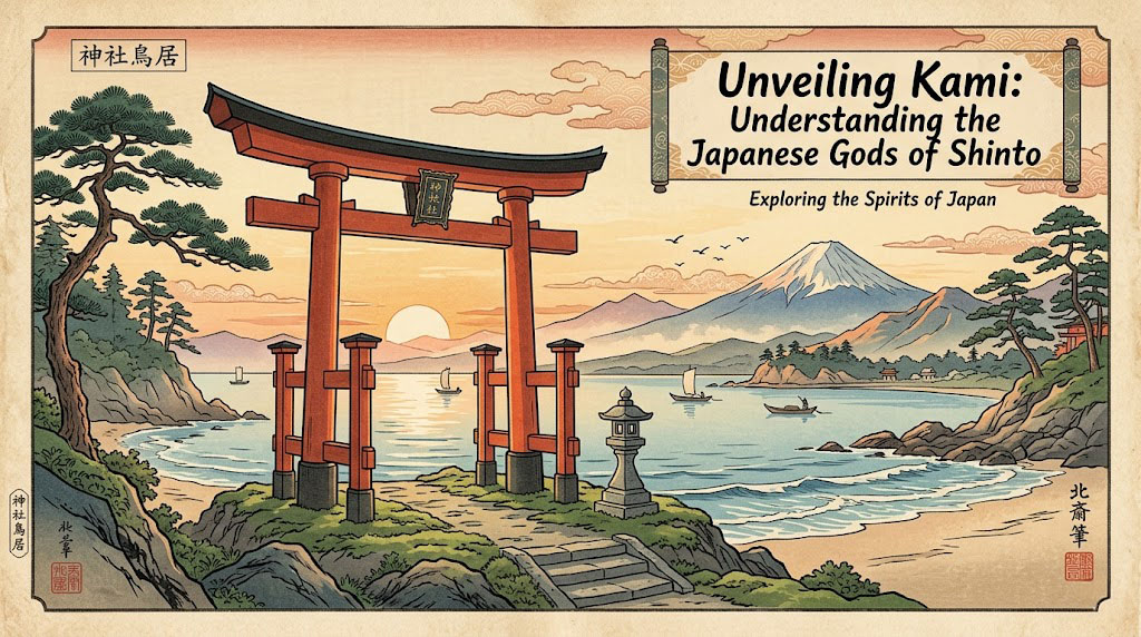 A serene Shinto shrine gate (torii) at dawn, symbolizing Japanese kami