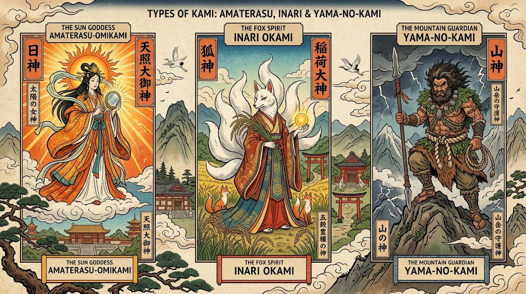 Detailed map of Japan highlighting famous shrines dedicated to different kami