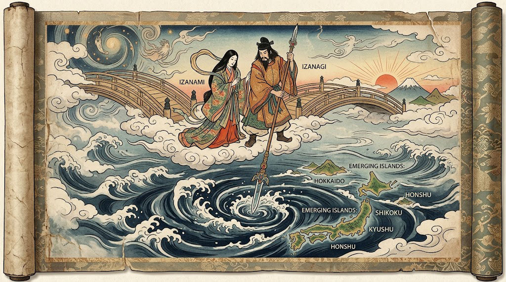 Ancient Japanese scroll depicting various kami interacting with humans