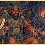 Terrifying depiction of Enma-ō judging souls in Japanese Jigoku