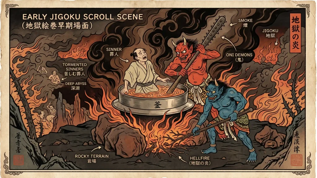 Ancient Japanese scroll painting depicting Jigoku Buddhist hell