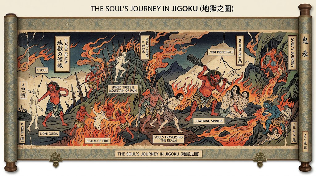 Ancient scroll depicting specific Japanese Buddhist hell torments