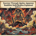 Fiery depiction of a Japanese Buddhist hell realm, with demons and sinners