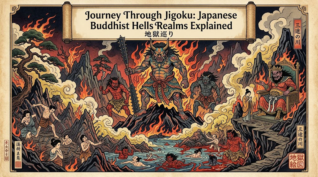 Fiery depiction of a Japanese Buddhist hell realm, with demons and sinners