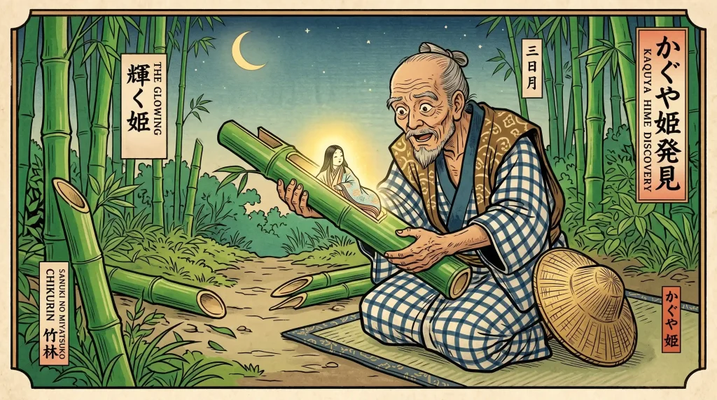 Old Japanese woodblock print showing the bamboo cutter discovering Kaguya Hime