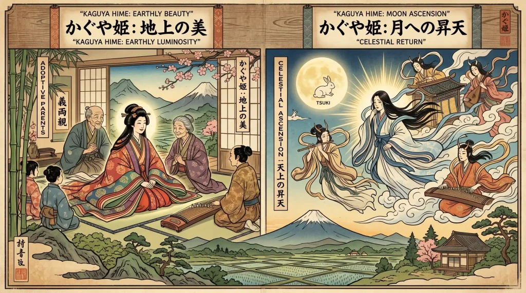 Kaguya Hime's suitors presenting impossible tasks to her in a traditional setting