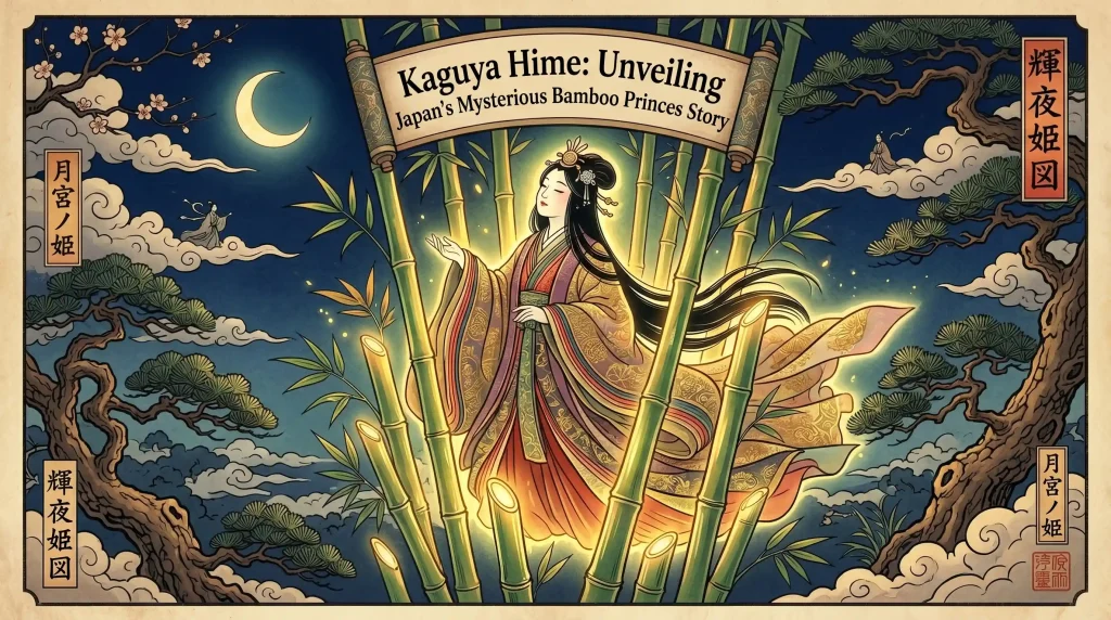 Kaguya Hime, the Bamboo Princess, emerging from glowing bamboo forest