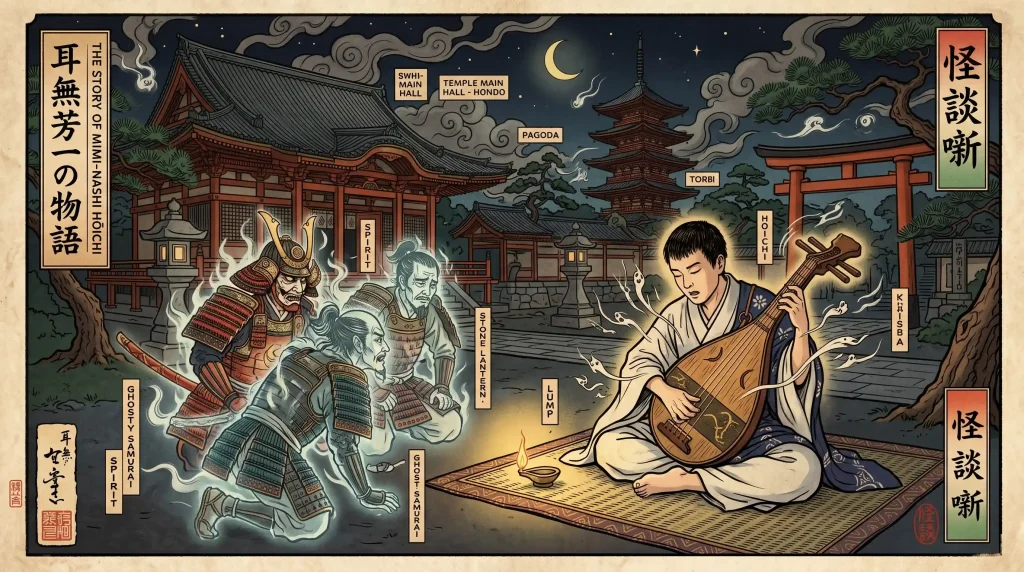 Ancient Japanese woodblock print depicting a yurei from a Kwaidan story