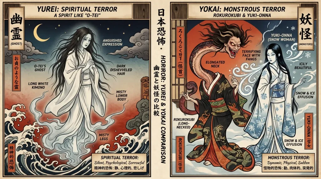 Side-by-side images comparing traditional yurei and a modern horror movie ghost