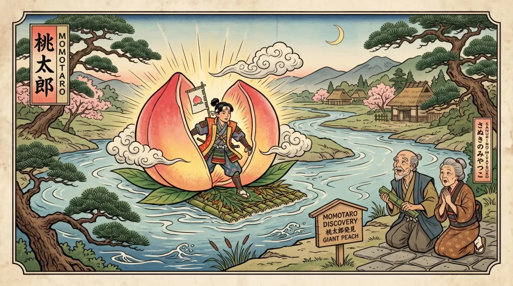 Old Japanese woodblock print depicting Momotaro emerging from a giant peach.