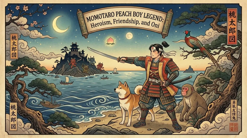 Momotaro Peach Boy hero standing with his animal companions, ready for battle.