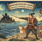 Momotaro Peach Boy hero standing with his animal companions, ready for battle.