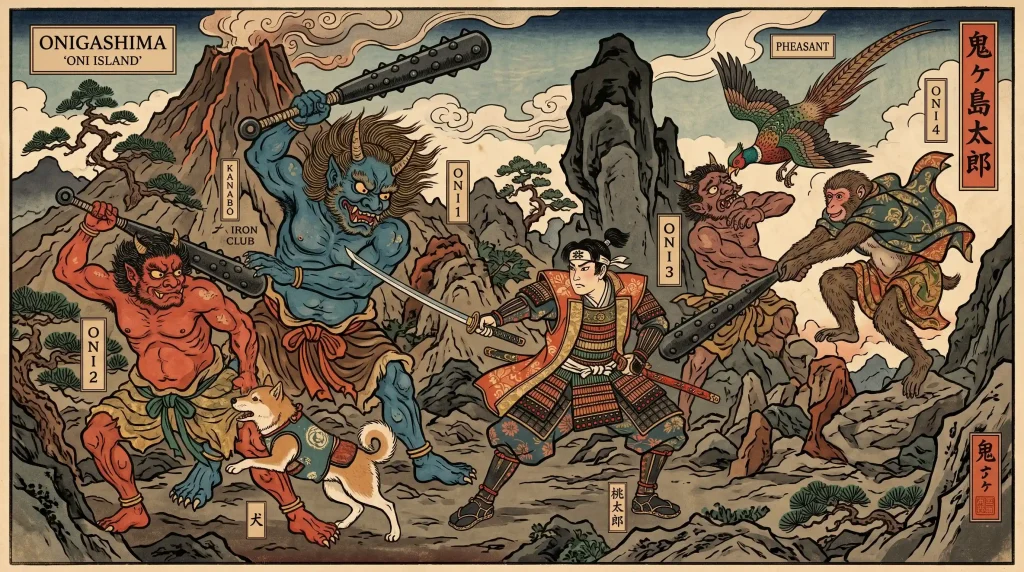 Artistic rendition of Momotaro fighting the oni alongside his animal allies.