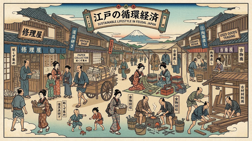 Vintage Japanese print showing thrifty reuse of materials