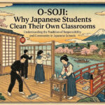 Japanese students cleaning classroom with brooms and rags