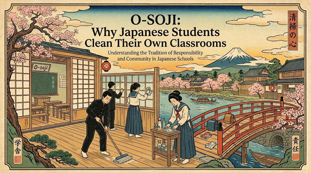 Japanese students cleaning classroom with brooms and rags