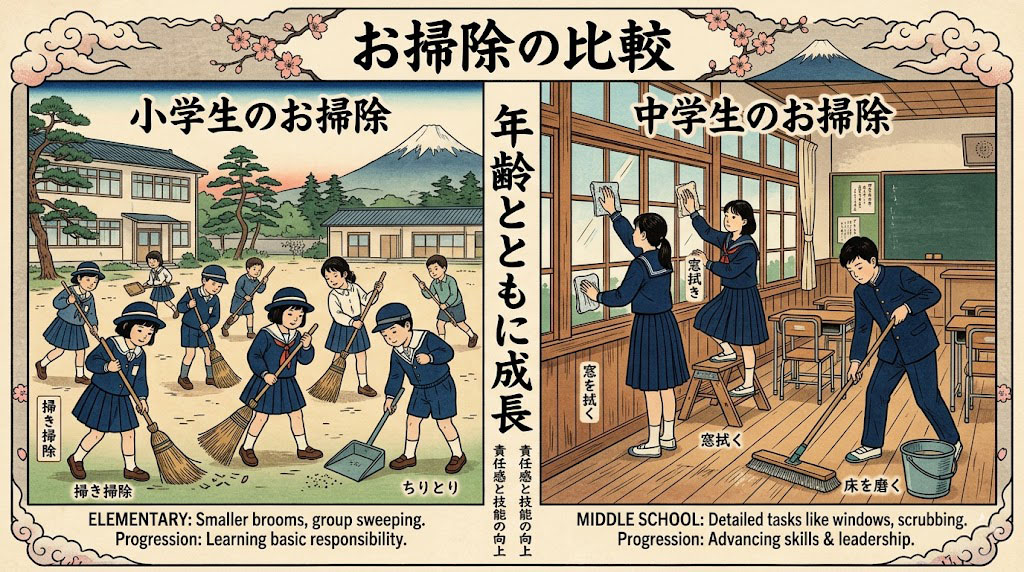 Close-up of Japanese students cleaning classroom floor