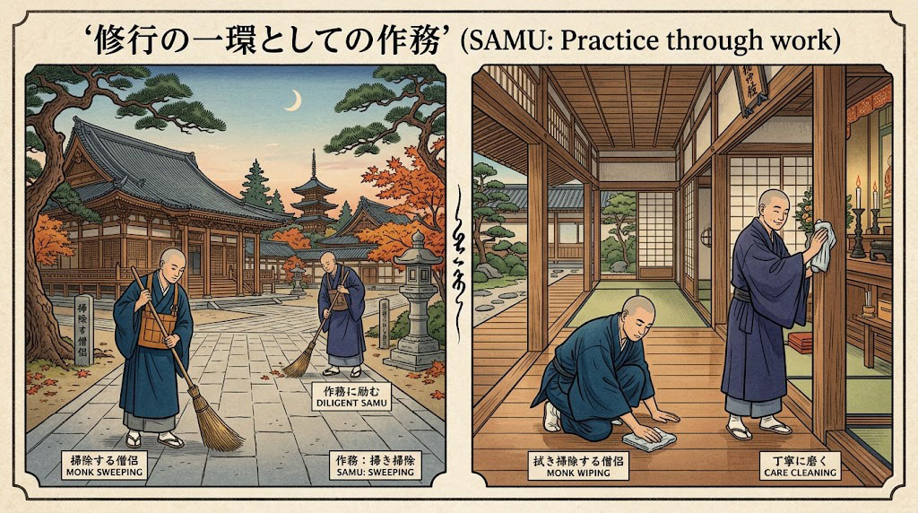 Students sweeping a Japanese classroom in unison