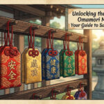 A collection of colorful Japanese omamori meaning good luck, displayed at a shrine.