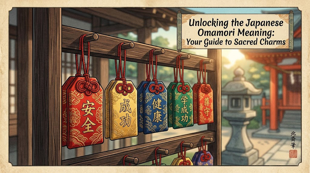 A collection of colorful Japanese omamori meaning good luck, displayed at a shrine.