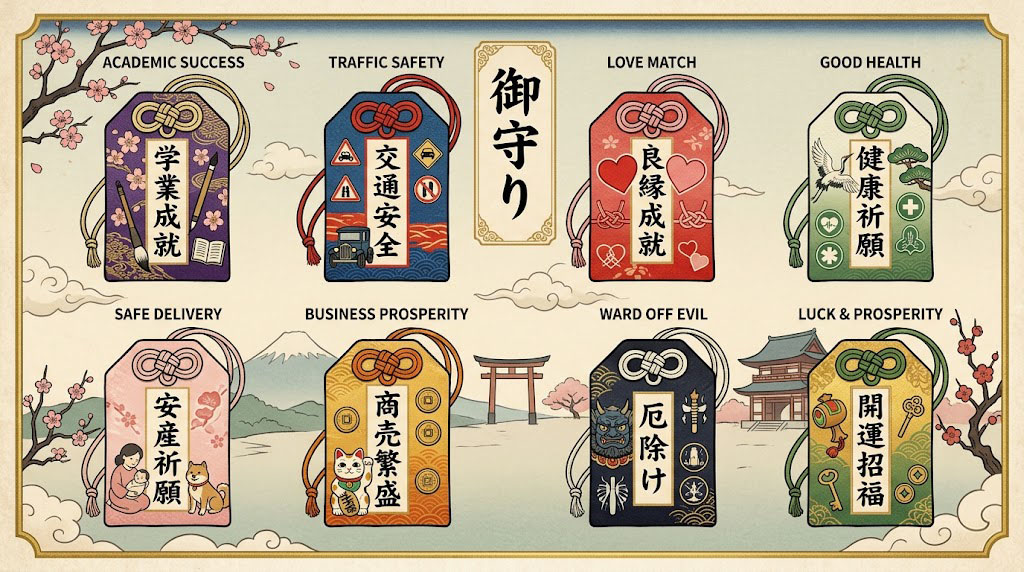 A visual guide showing different types of Japanese omamori and their purposes.