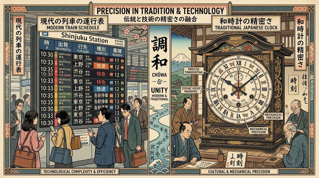 A comparison image showing a highly reliable Japanese train schedule alongside a world map