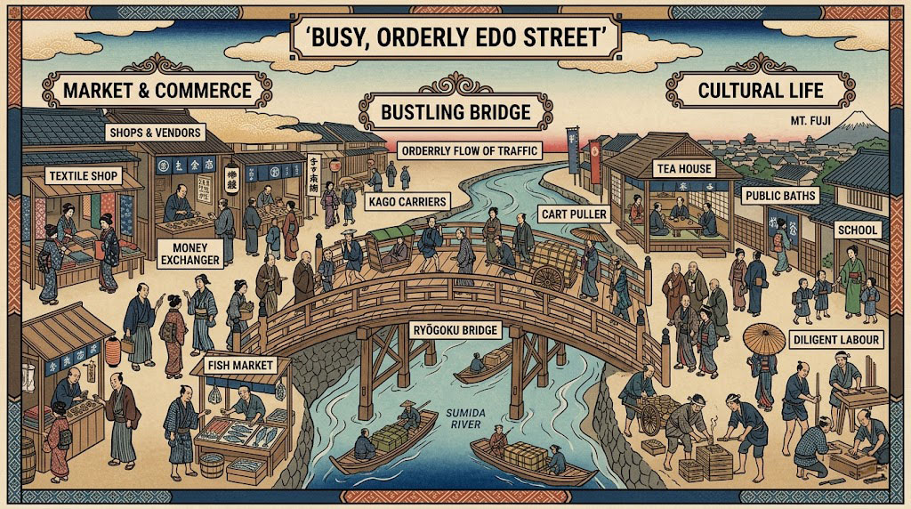 A historical ukiyo-e print depicting busy Edo-period street, hinting at structured life