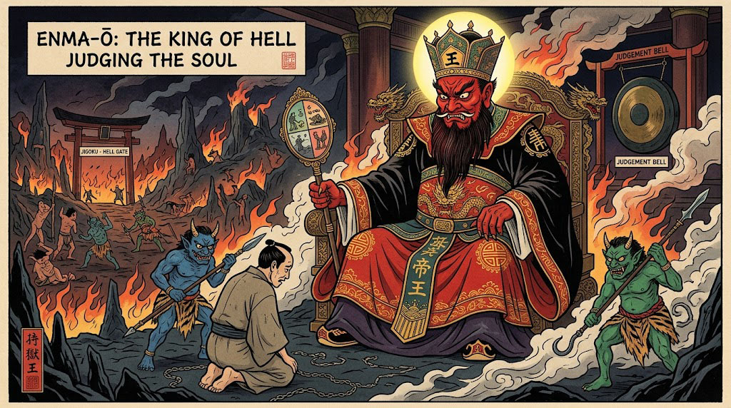 Ancient Japanese scroll painting of Enma-ō judging souls