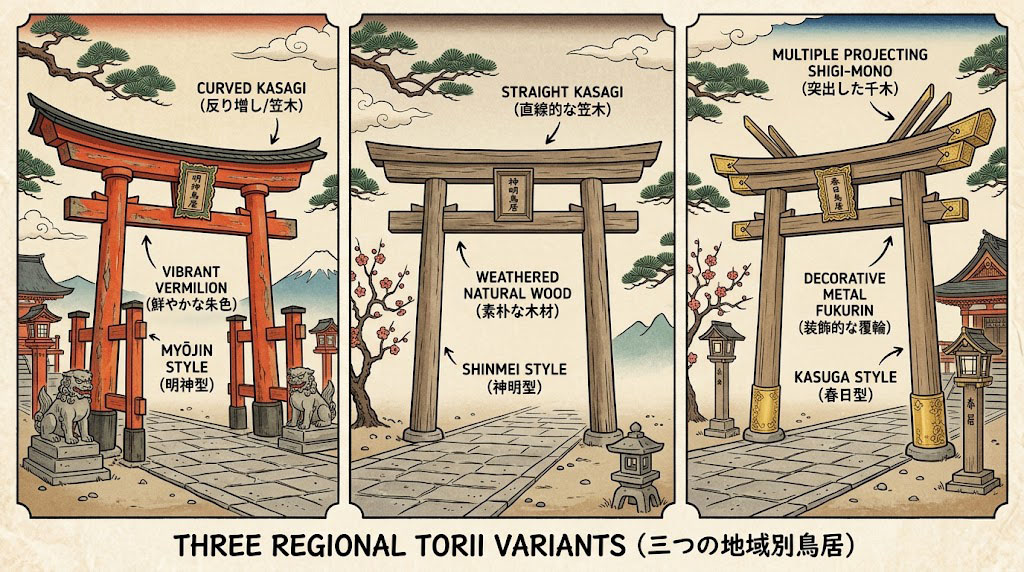 Illustrative comparison of different types of Japanese torii gates