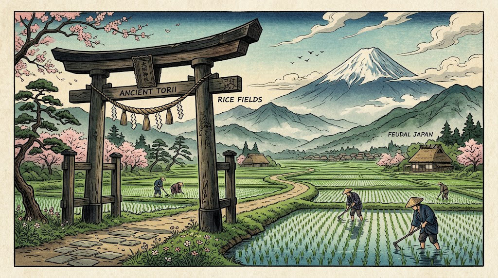 Ancient wooden torii gate against a backdrop of historic Japan