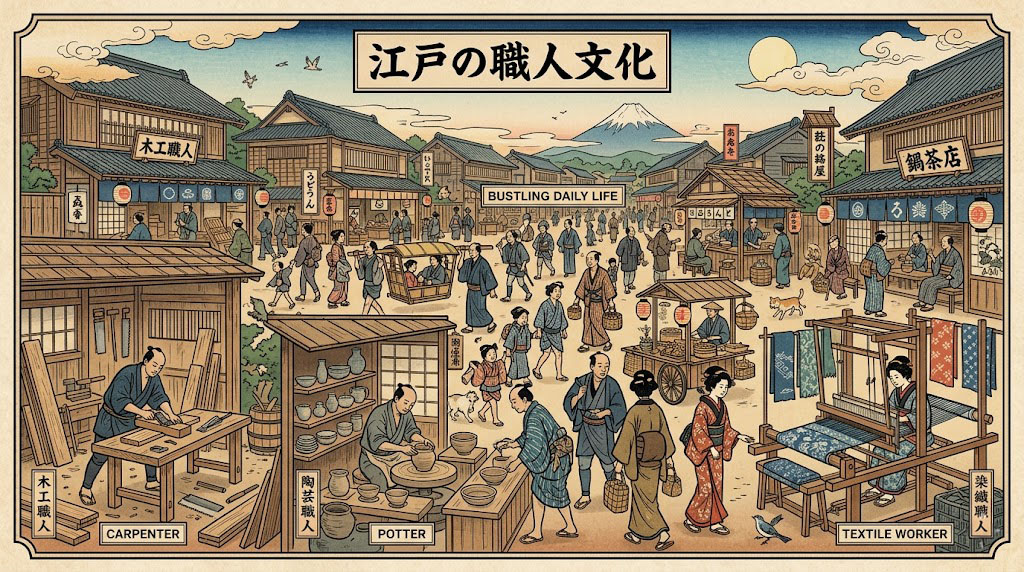 Ancient Japanese scroll depicting artisans at work, showing early shokunin