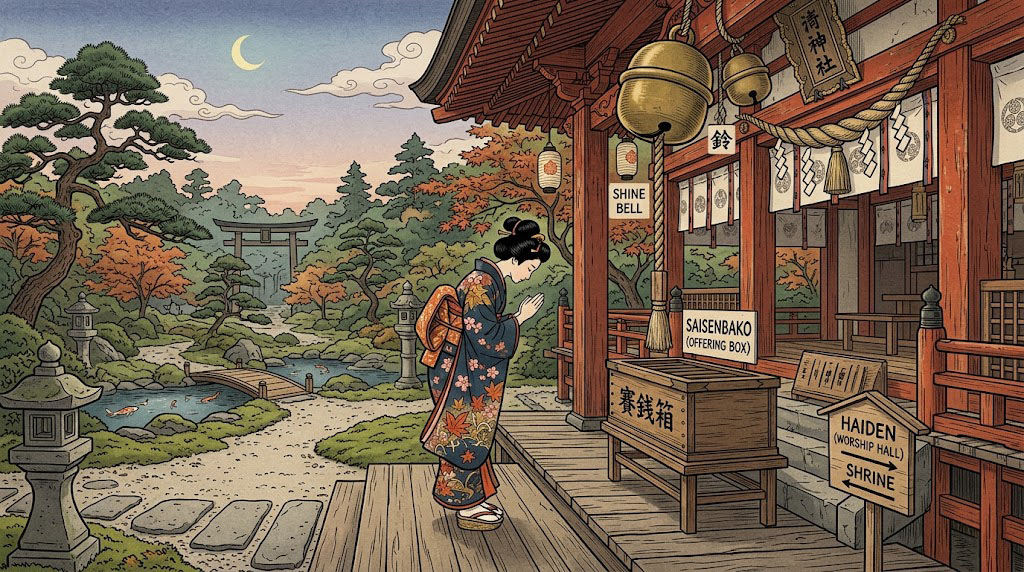 Praying at a honden, offering coins and bowing